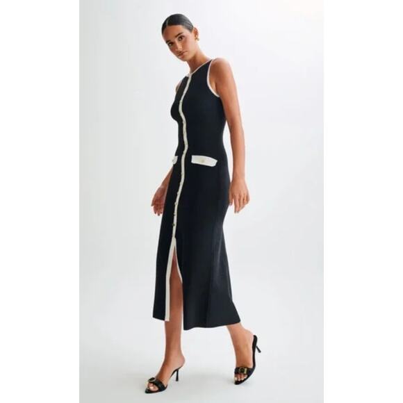 (S) NWT Meshki /Evenuel Sawyer Contrast Button Ribbed Maxi Dress Black/White - Picture 3 of 12
